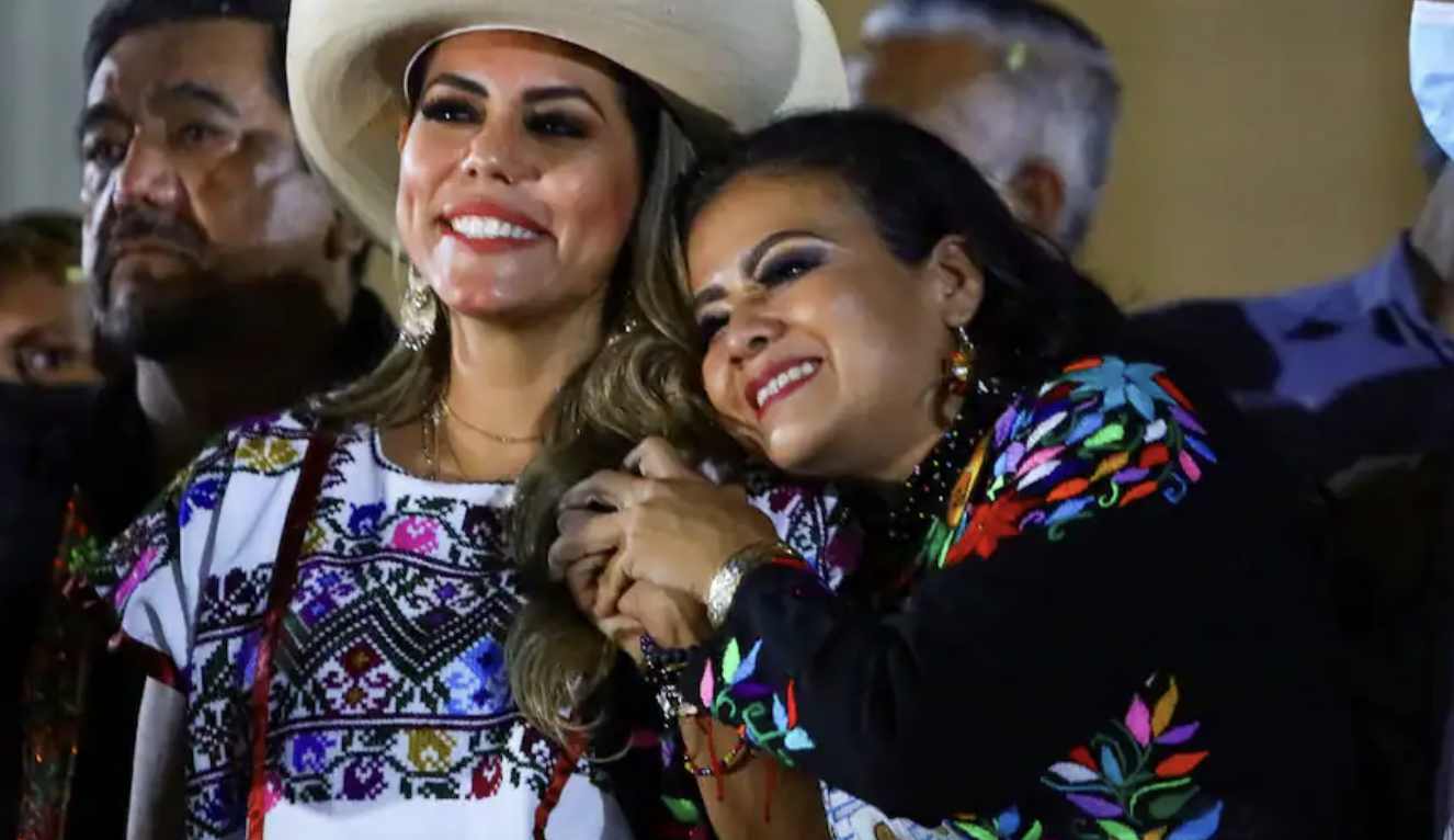 Norma Hernandez, candidate for mayor of Chilpancingo, and Evelyn Salgado, running for governor in the state of Guerrero, celebrate with supporters on Election Day, June 6. (Edgard Garrido/Reuters)